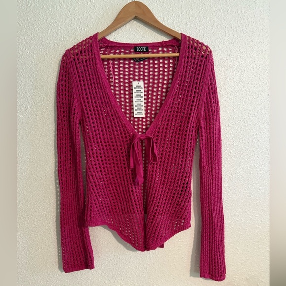 Urban Outfitters Ecote Crochet Long Sleeve Tie Front Pink Cardigan - Picture 1 of 7